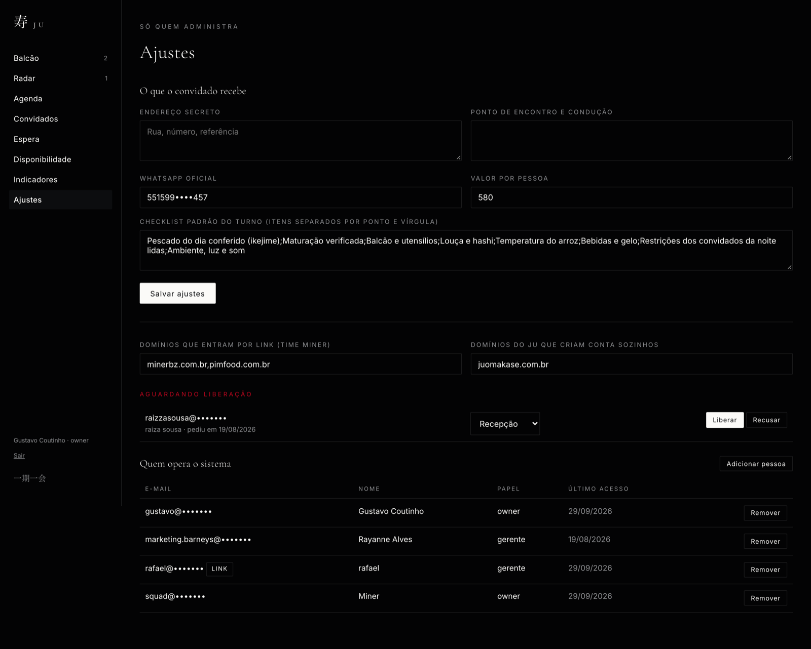 Tela de ajustes com endereço secreto, checklist padrão e a lista de quem opera