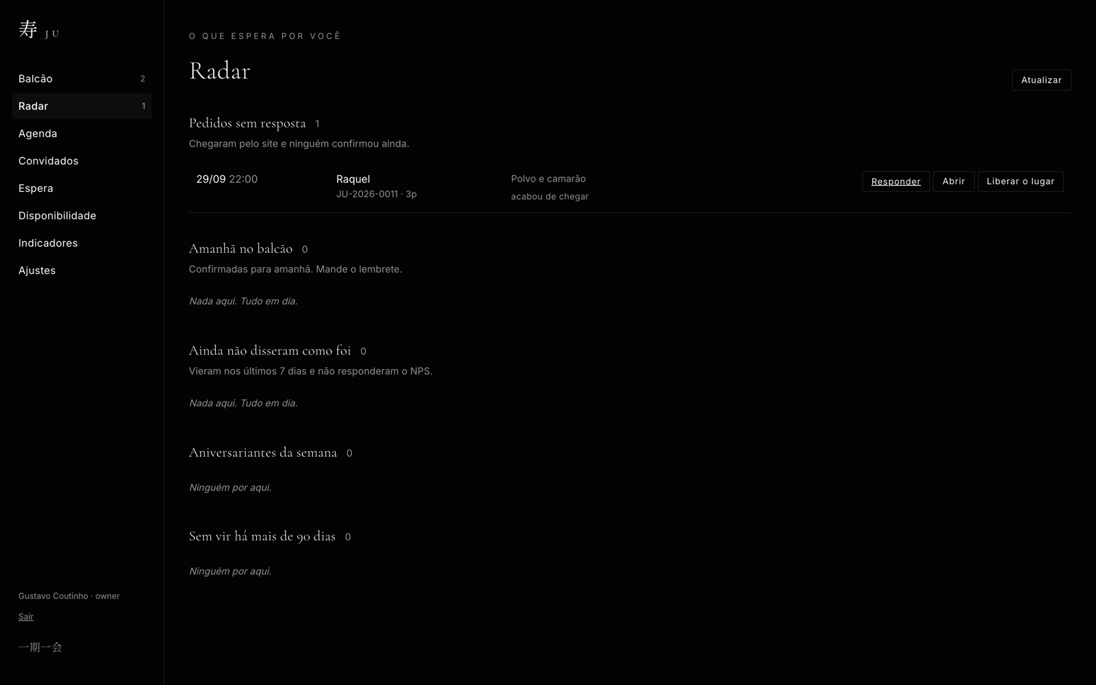 Tela do Radar com os blocos de pendências do dia